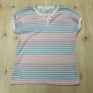 Vintage Devon Shirt Womens Medium Multicolor Stripe Henley Cap Sleeve Knit Top